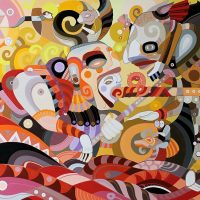 A dense, colorful pattern of overlapping abstract faces, titled 'Secret Code' by Fernando Chamarelli