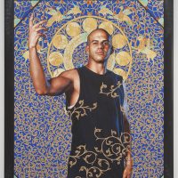 A painting of a man in an ornate patterned robe against a decorative blue-and-gold background, from Kehinde Wiley's 'A New Republic'