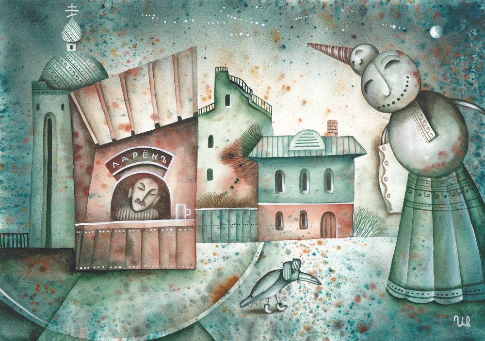 A surreal illustration of buildings and a giant bird-like figure in muted colors, by illustrator Eugene Ivanov
