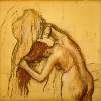 Reproduction of Edgar Degas's drawing Woman Drying Herself, rendered in sepia tones