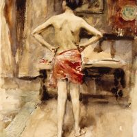 A sepia-toned painting of a standing nude figure, from 'Top Drawings from the Museum of Fine Arts, Houston'