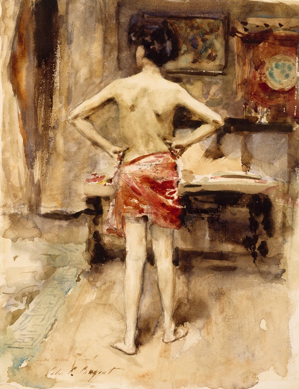 A sepia-toned painting of a standing nude figure, from 'Top Drawings from the Museum of Fine Arts, Houston'