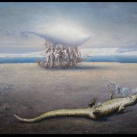 Surreal painting of a lizard on a beach beneath a strange cloud-like tree formation