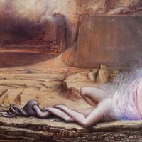 A painting of a reclining figure emerging from smoke near rocky desert terrain, by Agostino Arrivabene, 'Hierogamy'