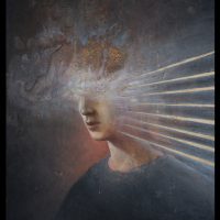 Dark portrait painting of a person's head emitting rays of light, surrounded by ghostly shapes