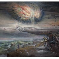 Painting of a swirling storm cloud over a coastal landscape with distant figures