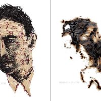 Diptych artwork showing an ink portrait of a man beside a charred, burnt version of the same portrait