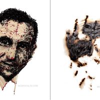 Diptych artwork showing an ink portrait of a man beside a charred, burnt version of the same portrait