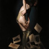 Painting of a figure with an arm raised amid falling papers, under dramatic dark lighting