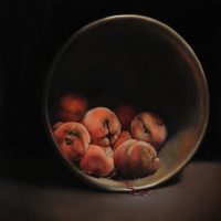 Still life painting of peaches in a dark bowl