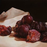 Still life painting of dark purple plums on a white cloth