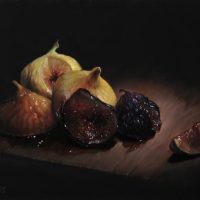Still life painting of whole and sliced figs on a table