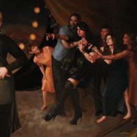 Painting of a group of figures in period clothing gathered together under warm lighting