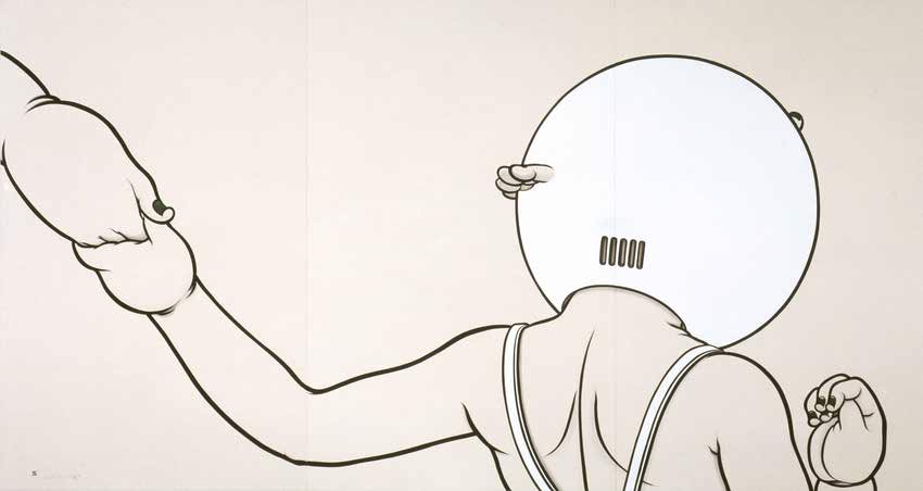 A minimalist line-drawing illustration of a stylized figure with a round head, by Kumi Machida