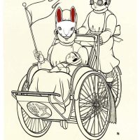 Illustration of children riding a bicycle decorated with a flag showing a rabbit