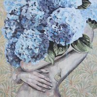 Painting of a figure holding a bouquet of blue hydrangeas in front of their face, against a floral wallpaper background