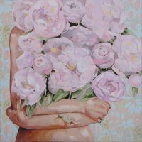 Painting of a figure holding a bouquet of pink peonies in front of their face, against a floral background