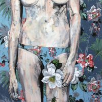 Painting of a figure's torso wearing a floral-patterned garment, with flowers positioned between the legs