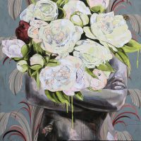 Painting of a figure holding a bouquet of white peonies in front of their face, against an ornate wallpaper background