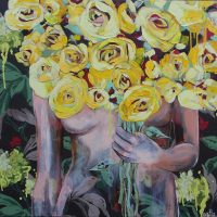 Painting of a figure holding a bouquet of yellow roses in front of their face, against a green background