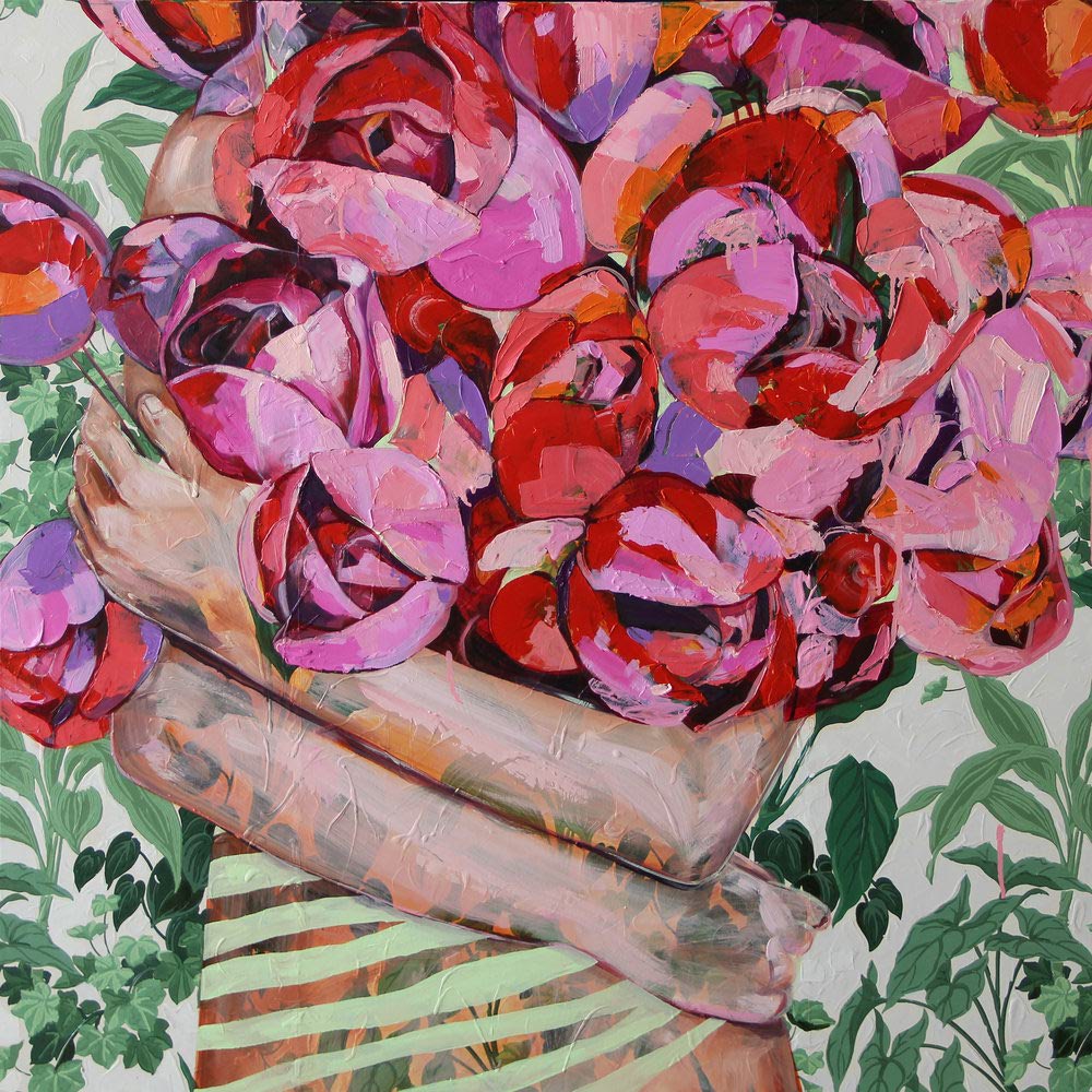 A painting of hands cradling a bouquet of pink and red flowers, titled 'Hiding Behind Flowers'