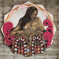 A circular artwork of a mother and child figure framed by an ornate red floral border, by Swoon and Monica Canilao, 'Witch-Wife'