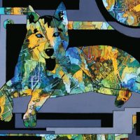 A colorful geometric collage-style painting of a dog, from 'Abstract Art and Beyond'