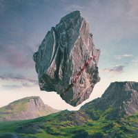 Digital artwork of a large rock formation floating above a green mountain landscape