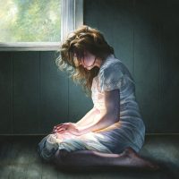 Painting of a woman kneeling on the floor in a white dress beside a window