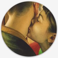 Circular painting of a couple in profile with faces close together