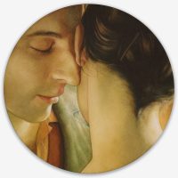 Circular painting of a couple in profile with faces close together
