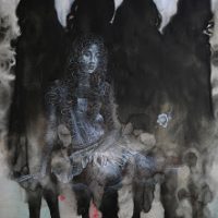 Ghostly photograph of a row of dark shrouded figures