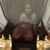 Person seated in a chair covered by draped translucent fabric netting