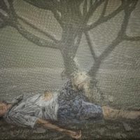 Person lying on the ground outdoors covered by translucent fabric with a tree in the background
