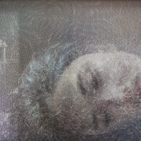 A blurred portrait of a face seen through frosted or foggy glass, by Uttaporn Nimmalaikaew