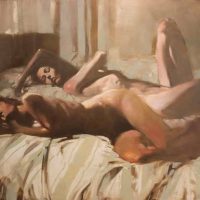 A classical-style painting of two reclining nude figures, titled 'The Pulp Fiction'