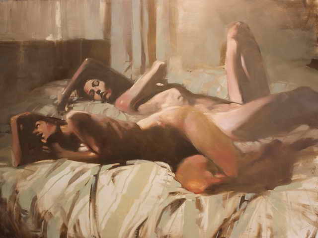 A classical-style painting of two reclining nude figures, titled 'The Pulp Fiction'