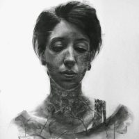 Charcoal portrait drawing of a woman with a textured, weathered rendering