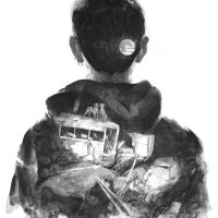 Charcoal portrait drawing of a hooded figure with graffiti-style markings