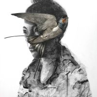 Mixed-media portrait drawing of a figure wearing a bird mask and headdress