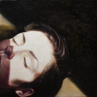 A close-up painting of a woman's face with eyes closed, titled 'Selfish'