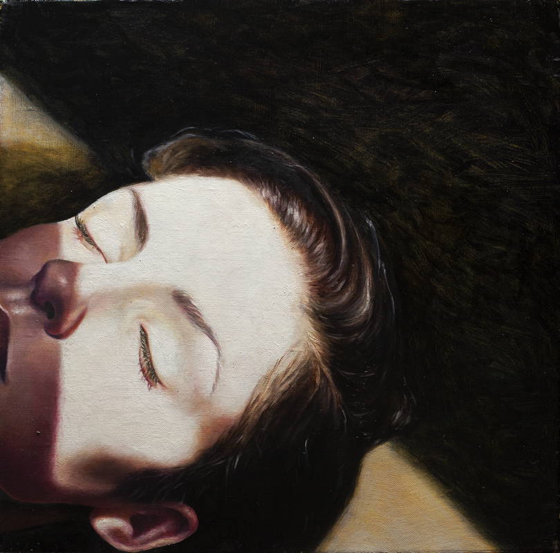 A close-up painting of a woman's face with eyes closed, titled 'Selfish'