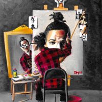 Collage illustration of a self-portrait scene with a figure painting at an easel