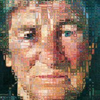Portrait made of many small mosaic tile images forming a larger face