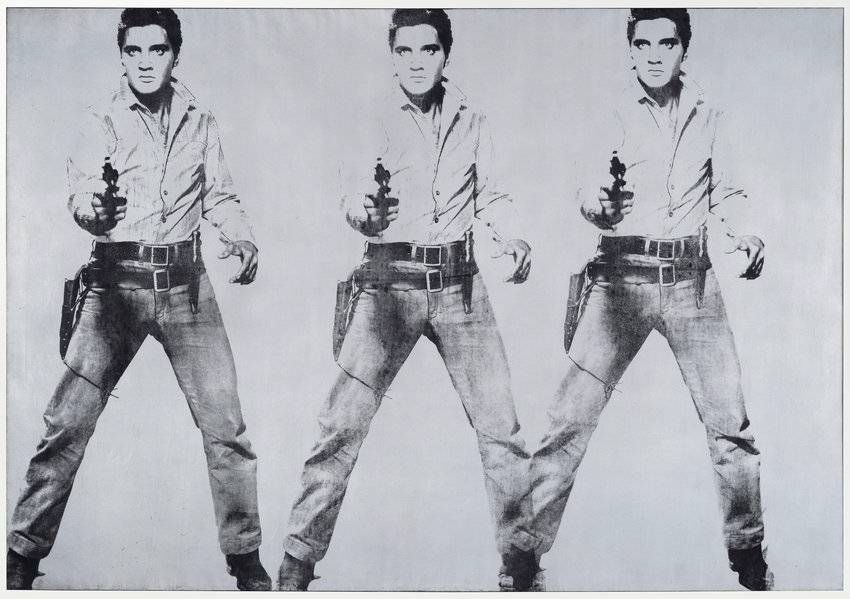 Three repeated silkscreen-style images of a cowboy figure, in the style of Andy Warhol, titled 'Home Is Where the Art Is'
