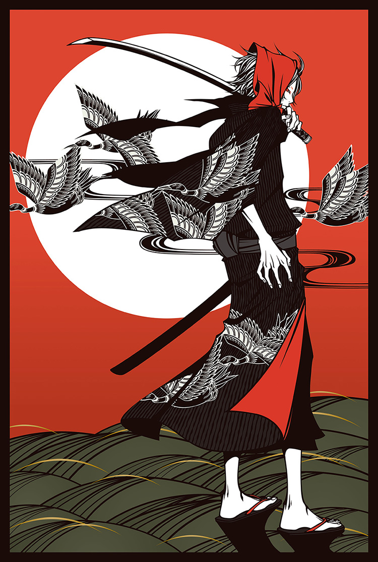 Stylized illustration of a figure surrounded by black birds against a red circular sun, from 'The J-Pop Summit featuring Kaori Wakamatsu'