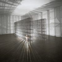 A dense grid of wire mesh cubes receding into the distance, an installation exploring cultural sensibility