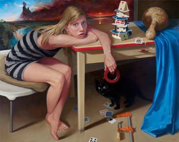 Surrealist painting of a young woman reaching down from a table amid scattered objects, from 'What It Means to Be Original'