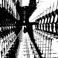 Abstract black-and-white geometric photograph of an architectural bridge structure