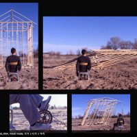 Collage of photos showing the construction of a wooden dome sculpture by Michael Beitz, including a figure in a wheelchair